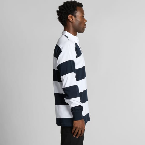A side view of a navy and white striped polo shirt with a collar, featuring a logo on the chest.