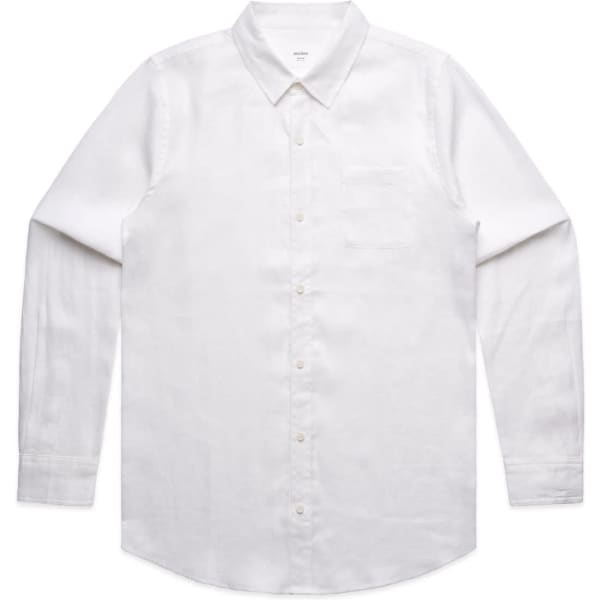 A white linen shirt with a button-up front and long sleeves, featuring a single pocket and a logo.