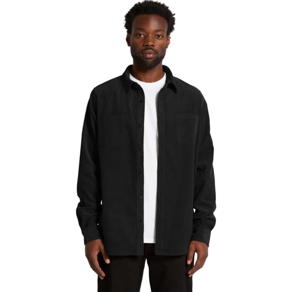 A black button-up cord shirt with long sleeves, featuring a chest pocket, worn over a white t-shirt.