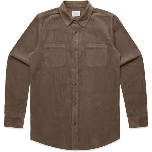 A button-up cord shirt in a muted brown colour with two chest pockets and a collar. It features a logo.