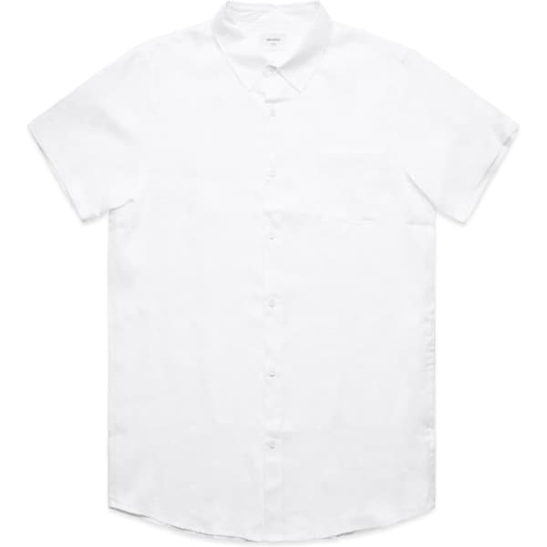 A white short sleeve button-up shirt featuring a pocket and a logo.