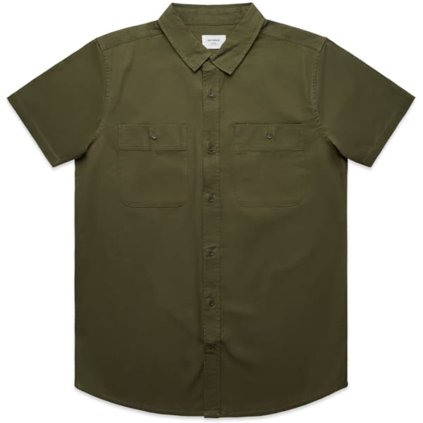 An olive green short-sleeve shirt featuring two chest pockets and a collar, with a logo on the tag.