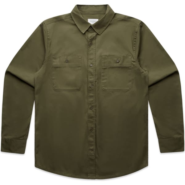An olive green work shirt with a button-up front and two chest pockets, featuring a logo on the chest.