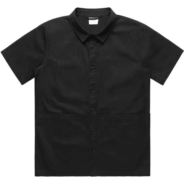 A black button-up shirt with a collar, short sleeves, and front pockets. It features a logo on the label.