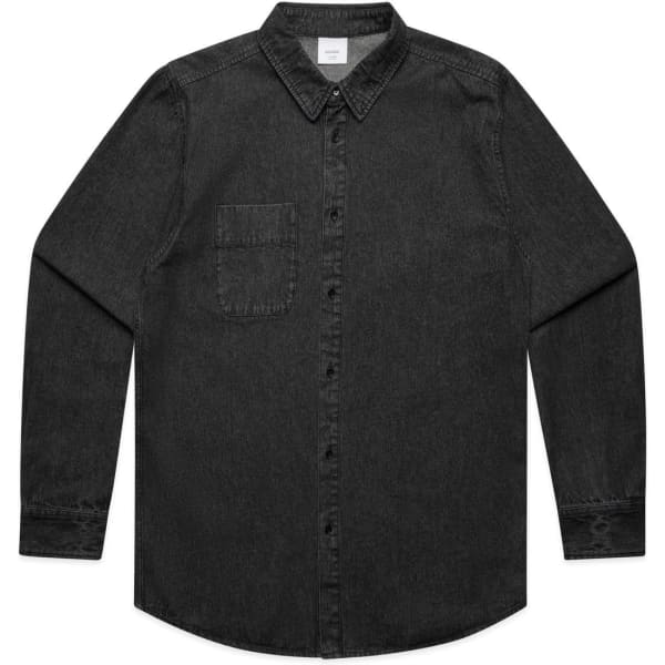 A black stone wash shirt with long sleeves, a button-down front, and a chest pocket. It has a logo on the label.