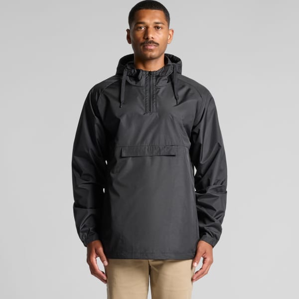 A black windbreaker jacket featuring a hood and a front pocket. The jacket has a logo on it.