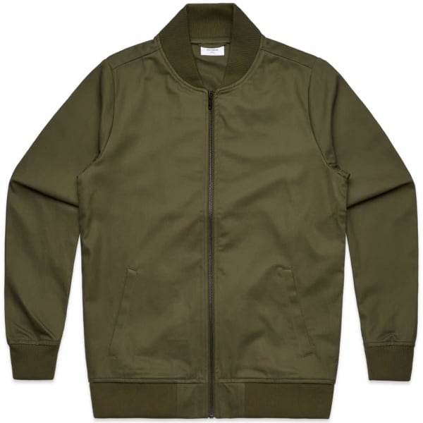 A bomber jacket in olive green with a zip front and ribbed collar and cuffs. The jacket has a logo label.