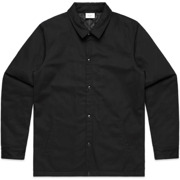 A black work jacket with a collared neck, snap buttons, and side pockets. It features a logo on the label.
