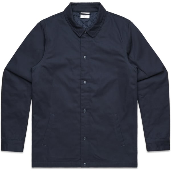 A navy work jacket featuring a button-up front and side pockets, with a collar and no visible branding.