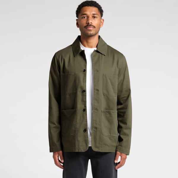 An olive green chore jacket with multiple pockets, featuring a collared neckline and button-up front. It has a logo.