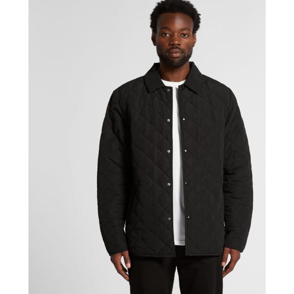 A black quilted jacket with a button-up front and a collar, worn by a model against a plain background.