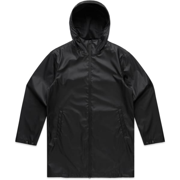 A black rain jacket with a hood and zipper front, featuring a logo on the sleeve.