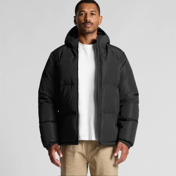 A black hooded puffer jacket with a front zipper, featuring a man wearing it against a plain background.