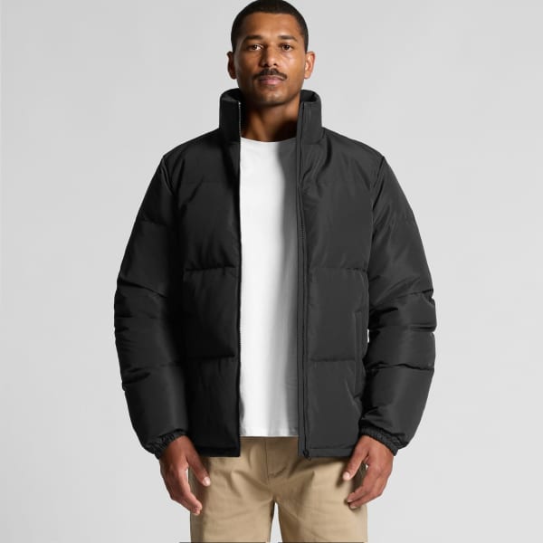 A black puffer jacket with a high collar and side pockets, featuring a logo on the sleeve.