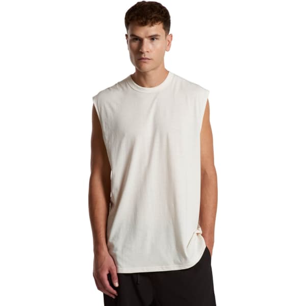 A sleeveless, cream-coloured tank top with a relaxed fit, featuring a logo on the design.