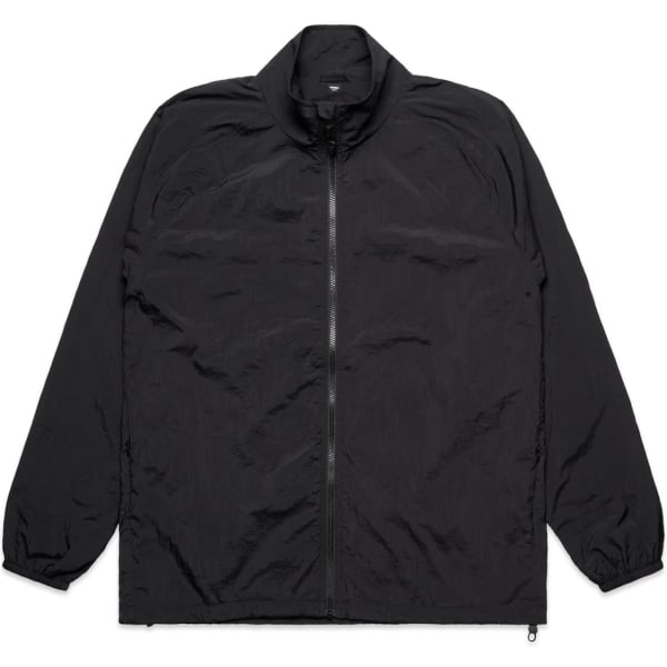 A black jacket with a zip front, high collar, and elastic cuffs. It features a logo on the upper chest.