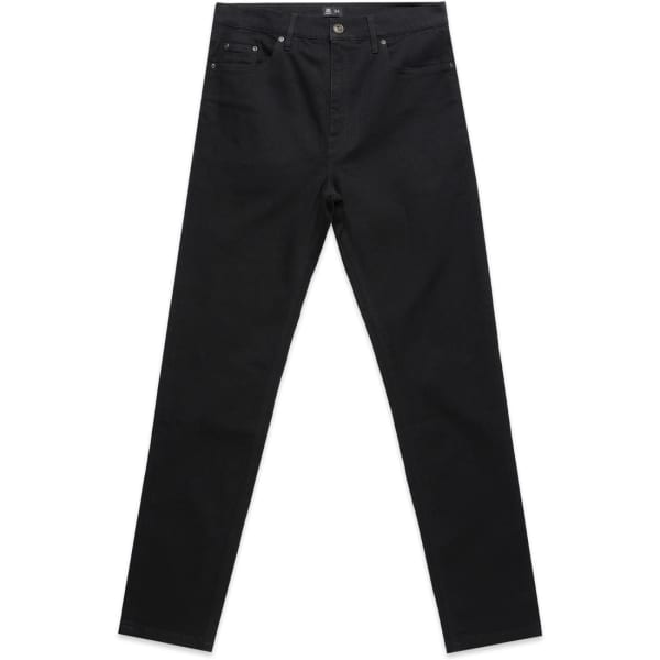 Black jeans with a straight-leg fit, featuring front pockets and a branding label on the waistband.