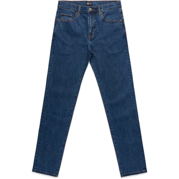 Standard jeans in a dark blue wash, featuring a classic five-pocket design and a logo on the waistband.
