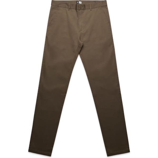 Olive green slacks with a slim fit, featuring a belt loop and button closure, and a logo on the waistband.