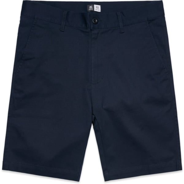 Plain navy shorts with a button closure and pockets, featuring a small logo.