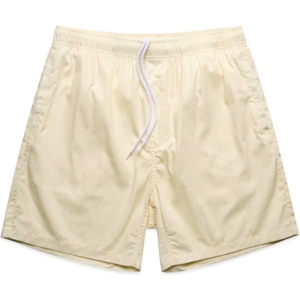 Light yellow beach shorts featuring an elastic waistband and drawstring, with side pockets.