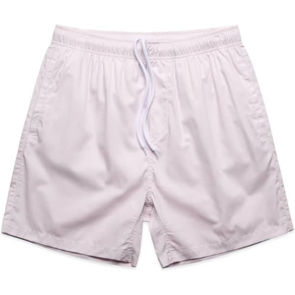 Light pink beach shorts featuring an elastic waistband and drawstring, with a logo on the side.