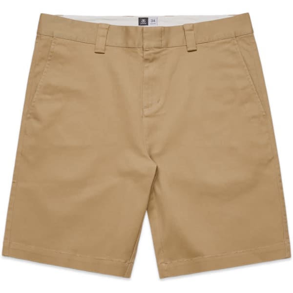 Beige work shorts with a straight cut and belt loops, featuring a logo on the waistband.