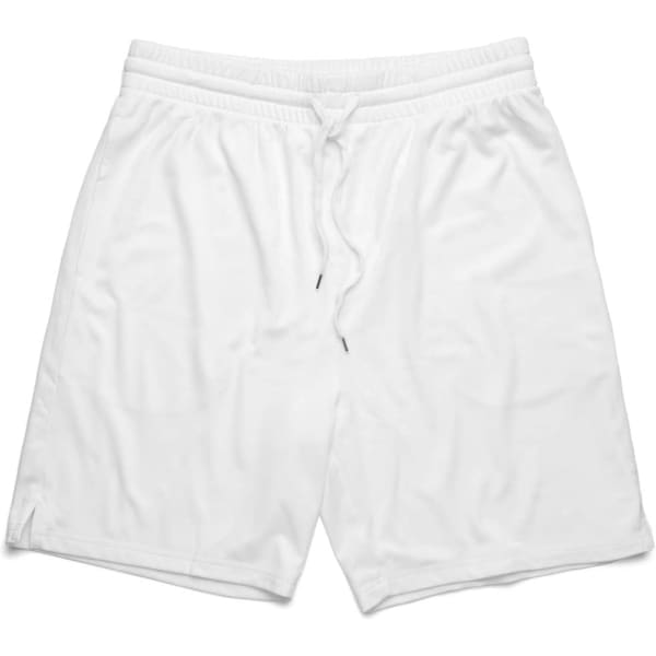 A pair of white sports shorts with an elastic waistband and a drawstring, featuring a small logo.