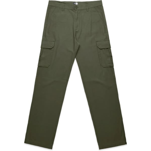 Utility cargo pants in olive green featuring multiple side pockets and a branded label.