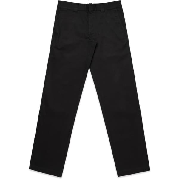 Black regular pants with a straight leg design, featuring a waistband and a branding logo.