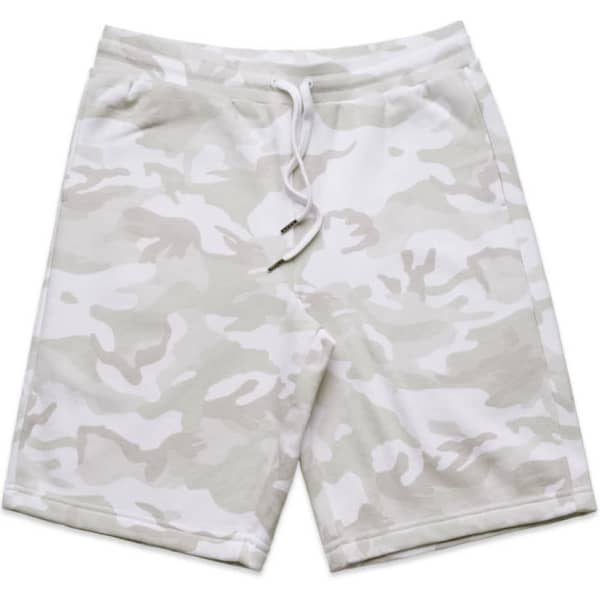 A pair of grey and white camo sports shorts with an elastic waistband and drawstring detailing.
