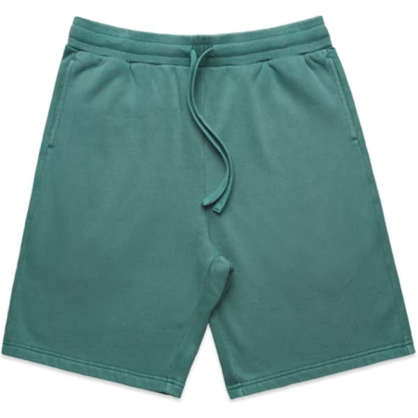 Faded stadium shorts in a teal colour with an elastic waistband and adjustable drawstring. Features a logo.