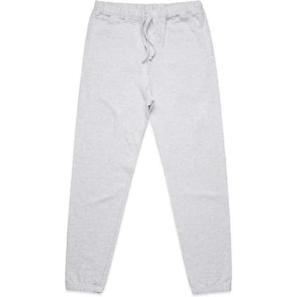 Grey track pants featuring an elastic waistband and cuffs, with a drawstring and a small logo.