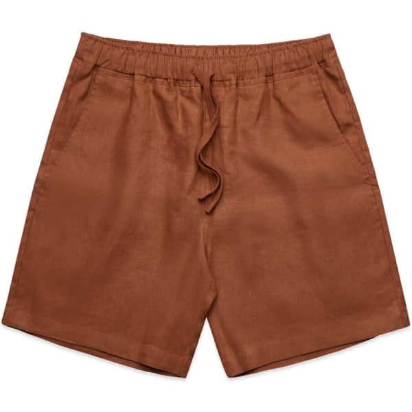 Linen shorts in a warm brown colour with an elastic waistband and side pockets. Features branding.