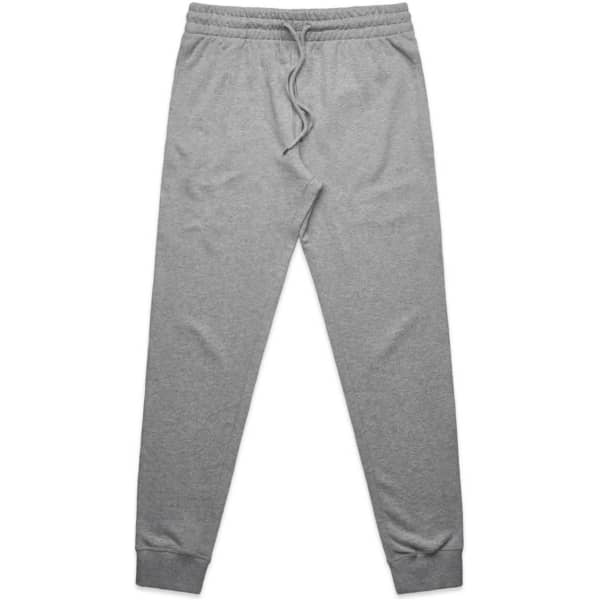 Grey premium track pants featuring an elastic waistband and cuffs, with a drawstring for adjustment.