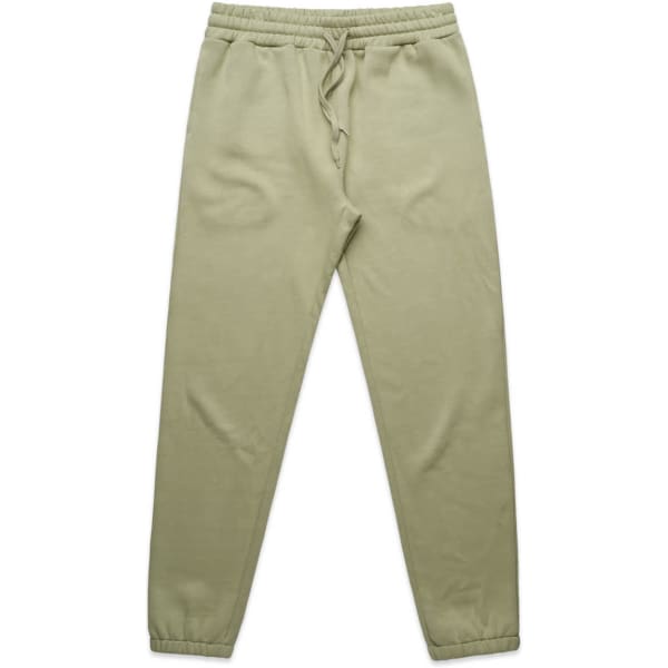 Olive green track pants featuring an elastic waistband and ankle cuffs, with a logo on the side.