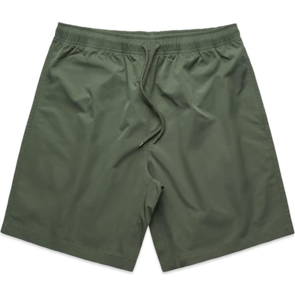 Active training shorts in olive green with an elastic waistband and drawstring, featuring a branded logo.