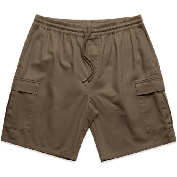 Cargo shorts in a rich brown colour feature an elastic waistband and multiple side pockets. There is a logo present.