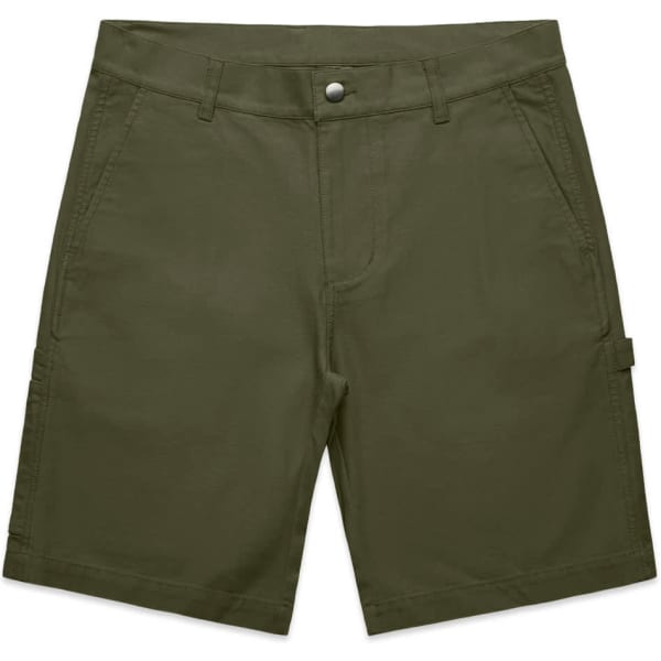 Utility shorts in olive green, featuring multiple pockets and a button closure, with an attached logo.