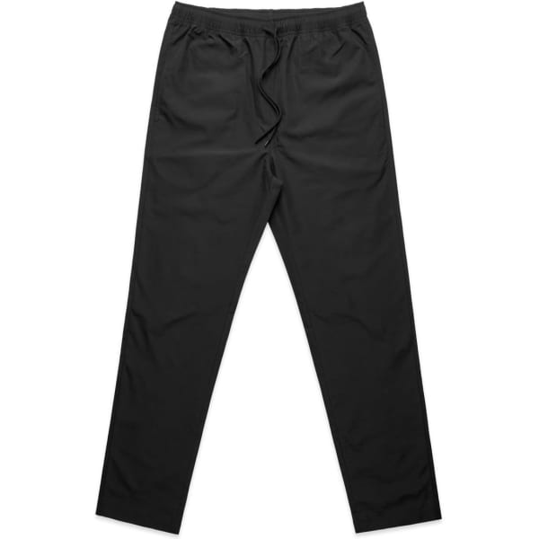 Black active training pants with an elastic waistband and drawstring, featuring a logo.