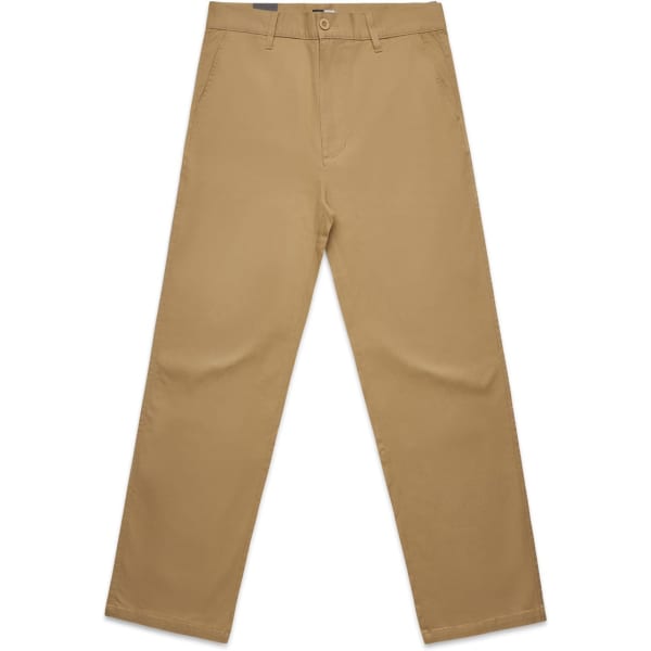 A pair of relaxed tan pants with a straight leg design and a front button closure. The pants have pockets and a logo.