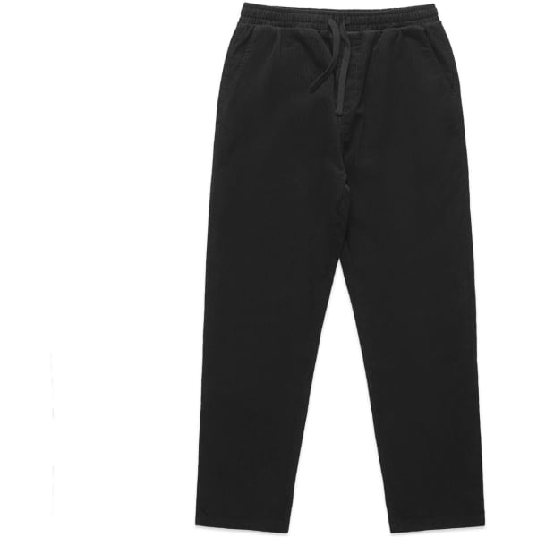 Black cord pants with a relaxed fit and an elastic waistband, featuring a simple design and no visible branding.
