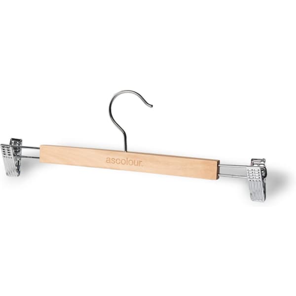 A wooden clip hanger with metal clips and a hook, featuring a light natural wood finish.