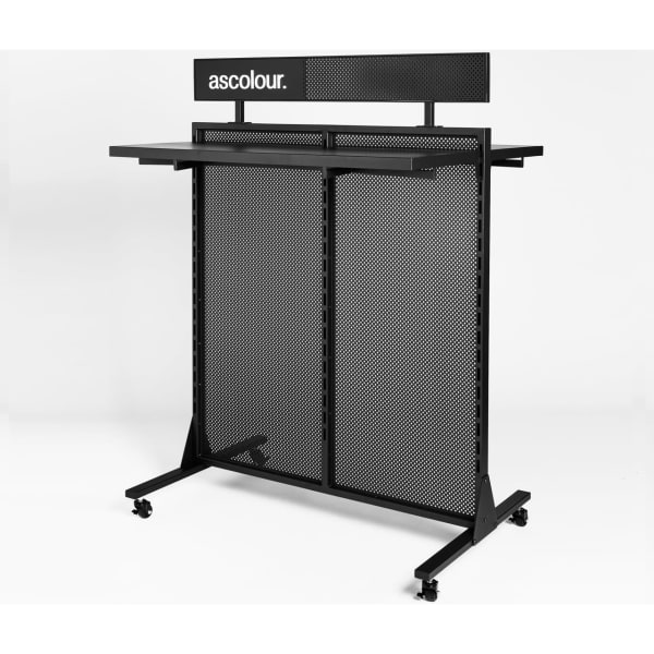 A black mesh display stand with wheels and a branded header, designed for exhibitions and events.