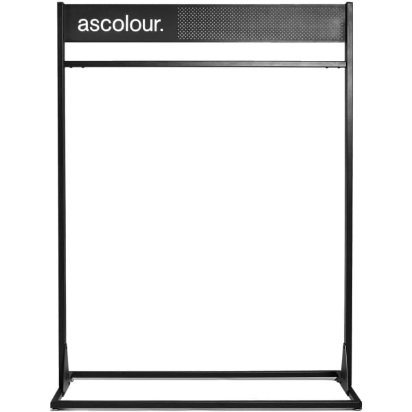 A black promotional display stand with a perforated top and a logo, designed for product showcasing.