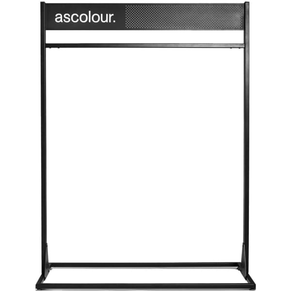 A display rack featuring a black frame and a logo at the top, designed for showcasing products.