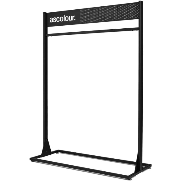 A clothing rack in black featuring a perforated top and a branding logo. It has a sturdy base for support.
