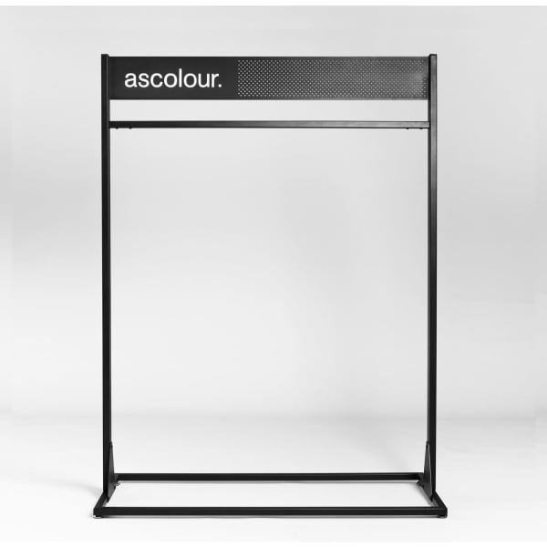 A garment rack in black with a mesh top and a logo. The design is sleek and modern, ideal for displaying clothes.
