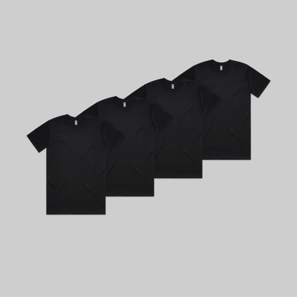 A bundle of four black classic t-shirts, neatly arranged in a row, showcasing their simple design and fabric texture.