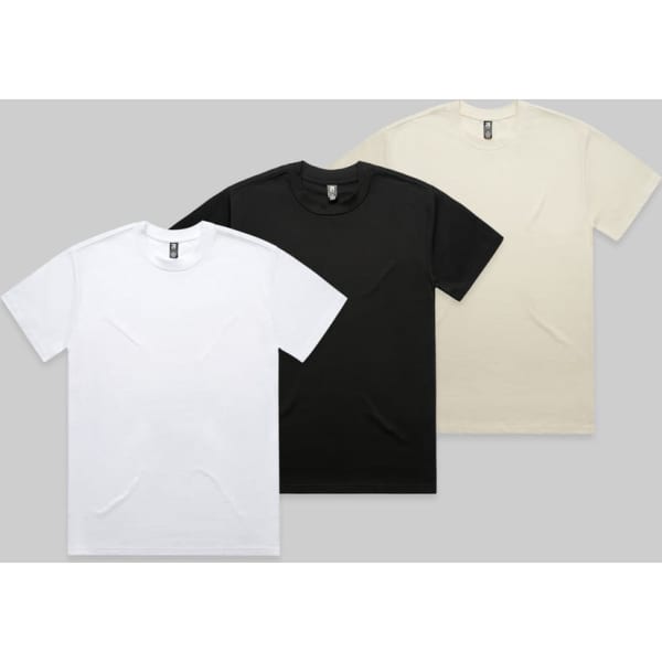 A bundle of three T-shirts in white, black, and cream, featuring a logo on one.